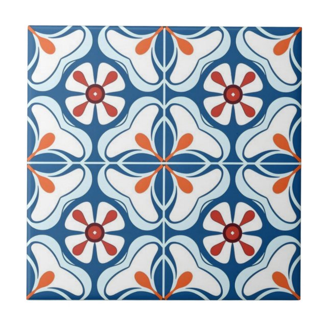 Keramik Tile - Azulejo Orange Blue White Fliese (Vorderseite)