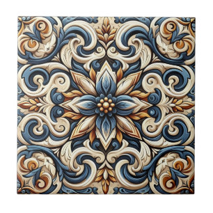 Keramik Tile - Blau, Gold und Weiß Fliese