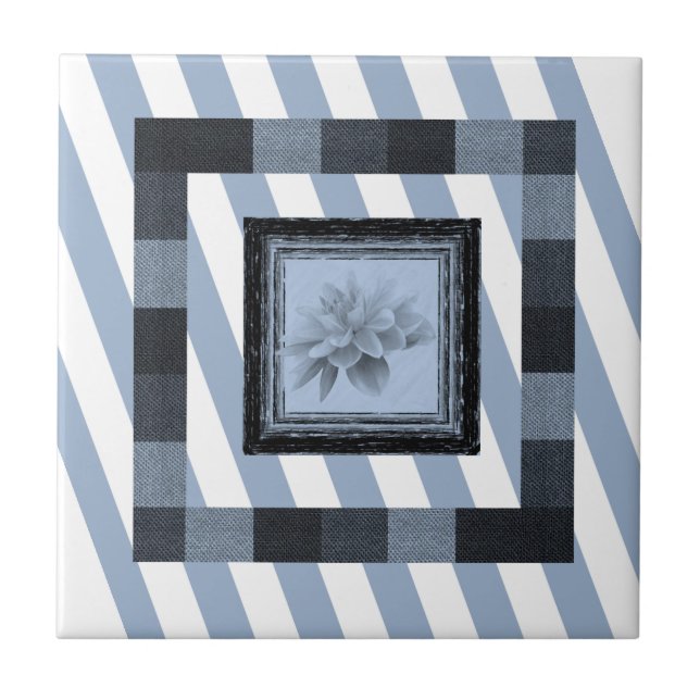 Keramik Tile Blue Strip Floral Fliese (Vorderseite)