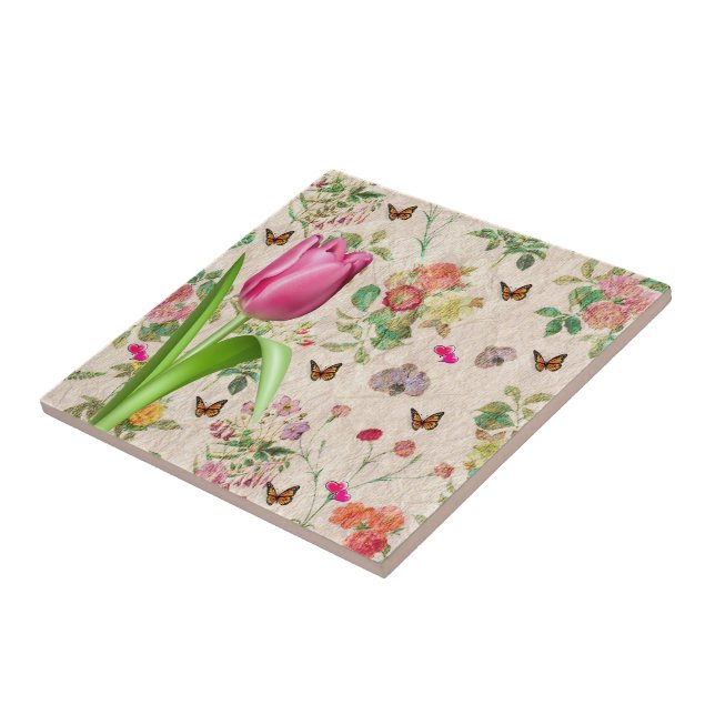 Keramik Tile Floral Butterfly Pink Tulip Fliese (Seite)