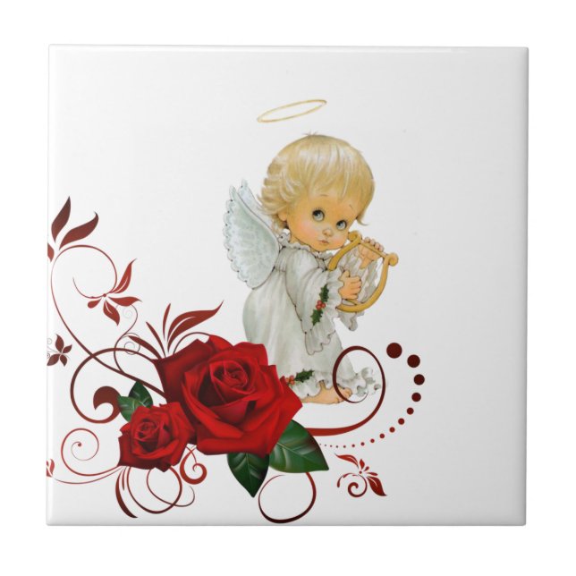 Keramik Tile Floral Rote Rose Angel Fliese (Vorderseite)