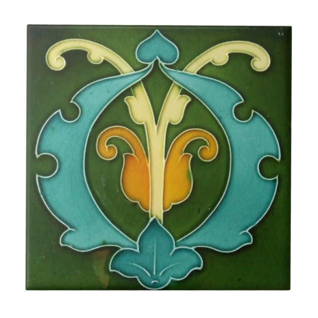 Keramik Tile - Folies Jugendstil Gelb, Blau Fliese (Vorderseite)