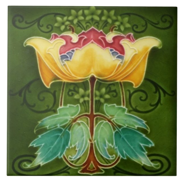 Keramik Tile - Gelbes Blumenmuseum Jugendstil Fliese (Vorderseite)