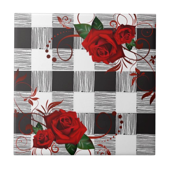 Keramik Tile Karierte Rote Rose Weiß und Schwarz Fliese (Vorderseite)
