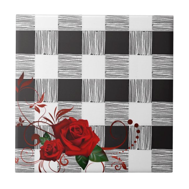 Keramik Tile Karierte Rote Rose Weiß und Schwarz Fliese (Vorderseite)