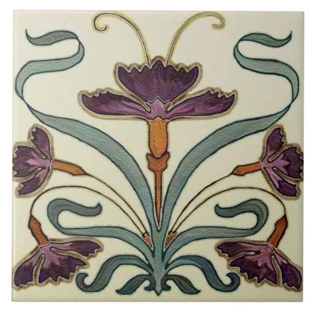 Keramik Tile - Lila Blumengarten Jugendstil Fliese (Vorderseite)