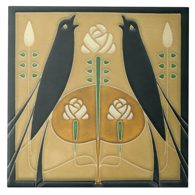 Keramik Tile - Songbird Art Nouveau Floral Fliese (Vorderseite)