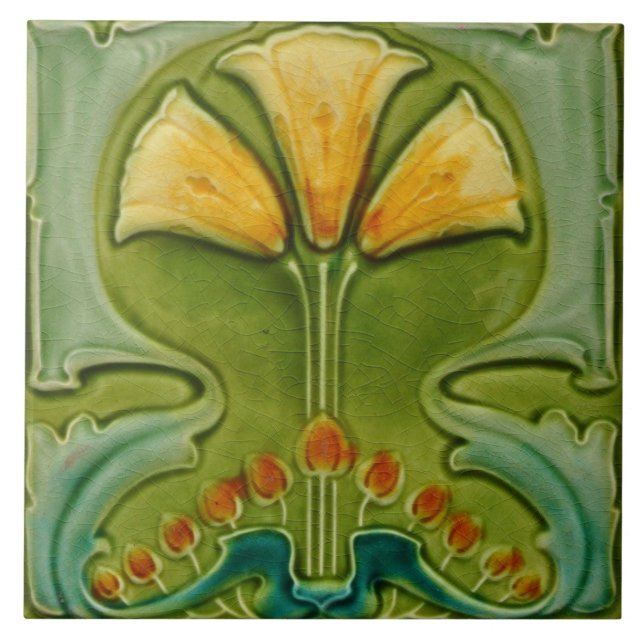 Keramik Tile - Vintager Blumengarten Jugendstil Fliese (Vorderseite)