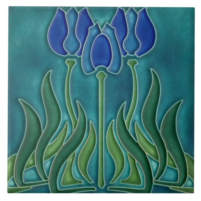 Keramik Tile - Vintages Blaues Tulip Jugendstil Fliese (Vorderseite)