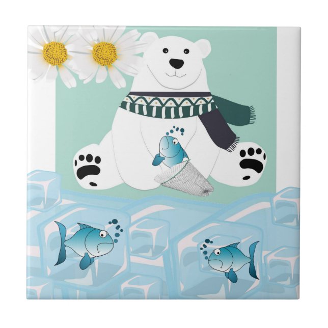 Keramik Tile White Daisy Polar Bear Fish Iburg Fliese (Vorderseite)