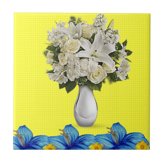 Keramik Tile White Floral Blue Yellow Fliese (Vorderseite)