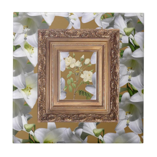 Keramik Tile White Floral Gold Fliese (Vorderseite)
