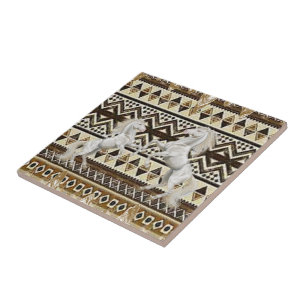Keramik Tile White Pferde Aztec Fliese