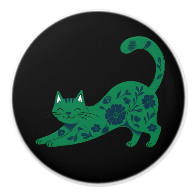 Keramik-Türgriff Grüne Blumene Katze Keramikknauf (Vorderseite)