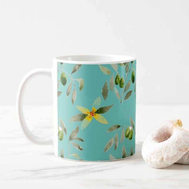 Keramikbecher mit Olivenmuster auf hellblauem Grun Kaffeetasse (Mit Donut)
