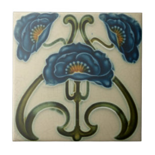 Keramikfliese - Art Nouveau Drei Blaue Mohnblumen
