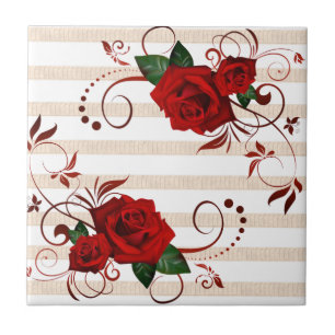 Keramikfliese Beige Streifen Florale rote Rose