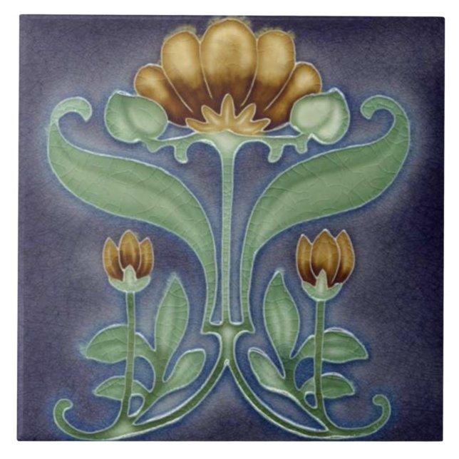 Keramikfliese - Blaue, Grüne und Braune Blumenflie (Vorderseite)