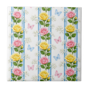 Keramikfliese Blaue Streifen Rosa und gelbe RosenB