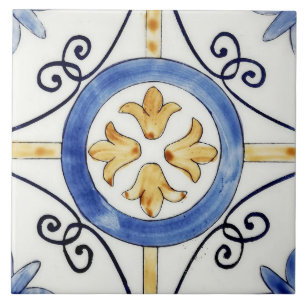 Keramikfliese - Blumenmuster Blau und Orange