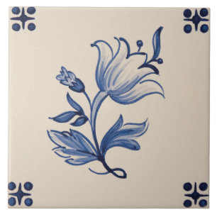 Keramikfliese - Elfenbein & blaue Blumenfliese