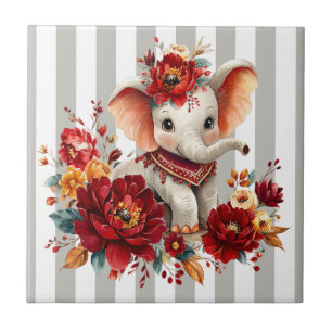 Keramikfliese Grau & Weiß Streifen Floral Elephant