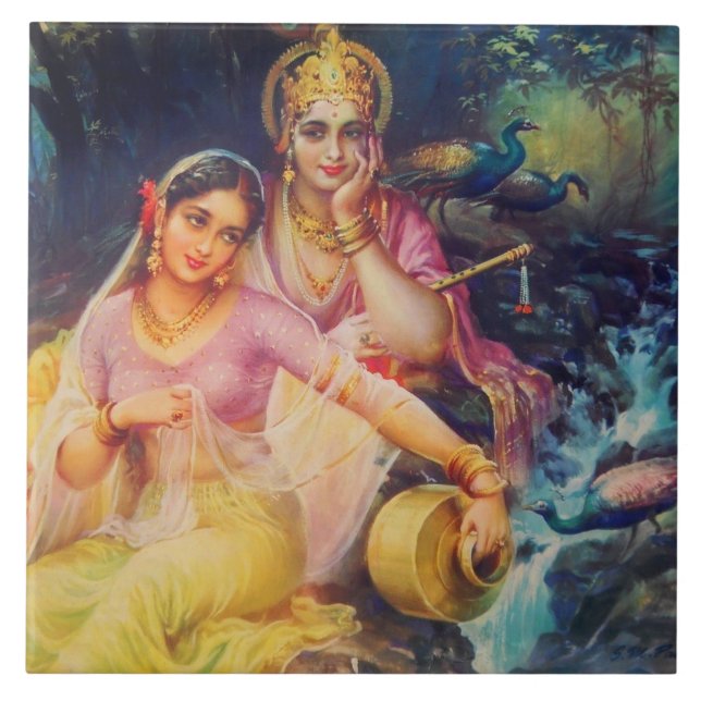 Keramikfliese mit Radha und Krishna (Vorderseite)