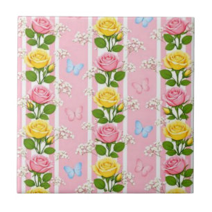 Keramikfliese Rosa und gelbe Rosen Streifen Blumen