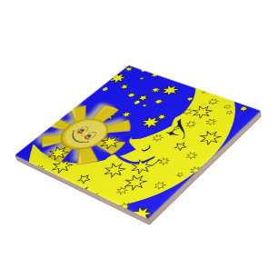 Keramikfliese Sonne Mond Gelb Sterne Blau