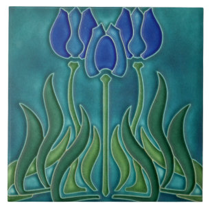 Keramikfliese - Vintage Blaue Tulpen Art Nouveau