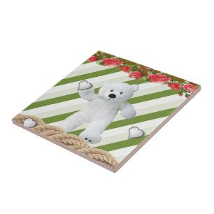 Keramikfliese Weiß Grüner Streifen Floral Teddybär