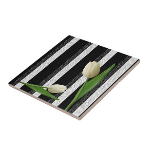 Keramikfliese Weiße Tulpe Floral Schwarz und Weiß