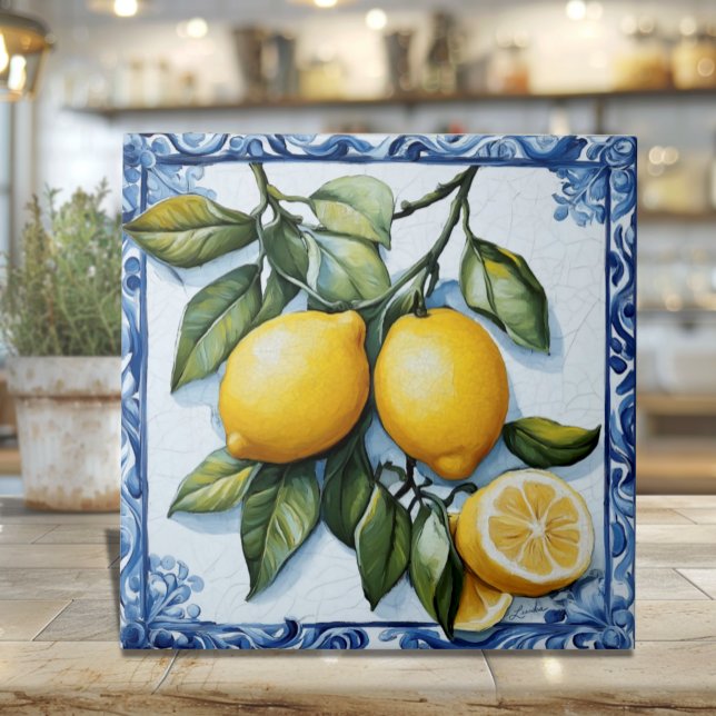 Keramikfliese Zitrone mit klassischer blauer Umran (Classic blue border Italian Lemons and Leaves Ceramic Tile)