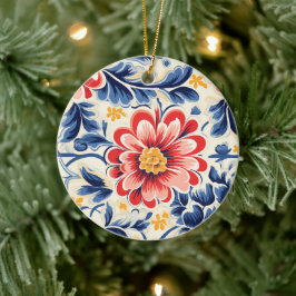 Keramikschmuck mit großem, rotem und rosa Blumenmu Keramik Ornament