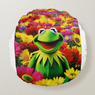 Kermit's Feld der Freude: Ein farbenfroher Frosch" Rundes Kissen