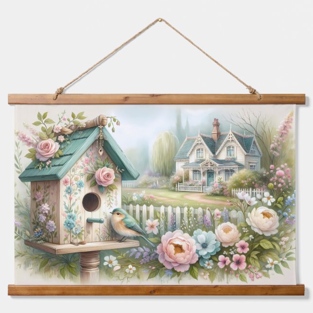 Kerngeschäft Vogelhaus mit Blumengarten Wandteppich Mit Holzrahmen (Vorne)