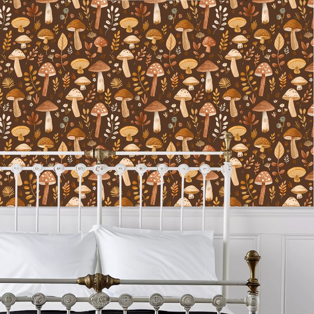 Kernkapsel Braune Pilze Tapete (Cottagecore Brown Mushrooms Wallpaper behind a white metal bed frame. )