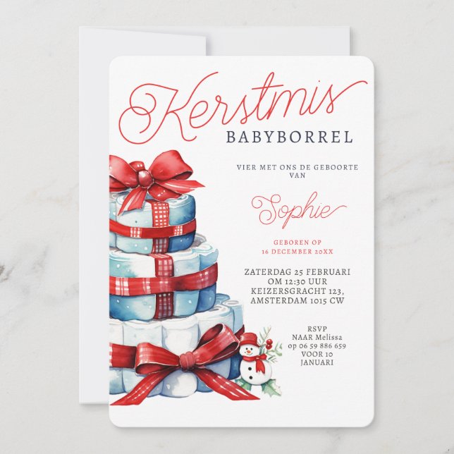 Kerstmis Luiertaart Rood Blauw Babyborrel Einladung (Vorderseite)