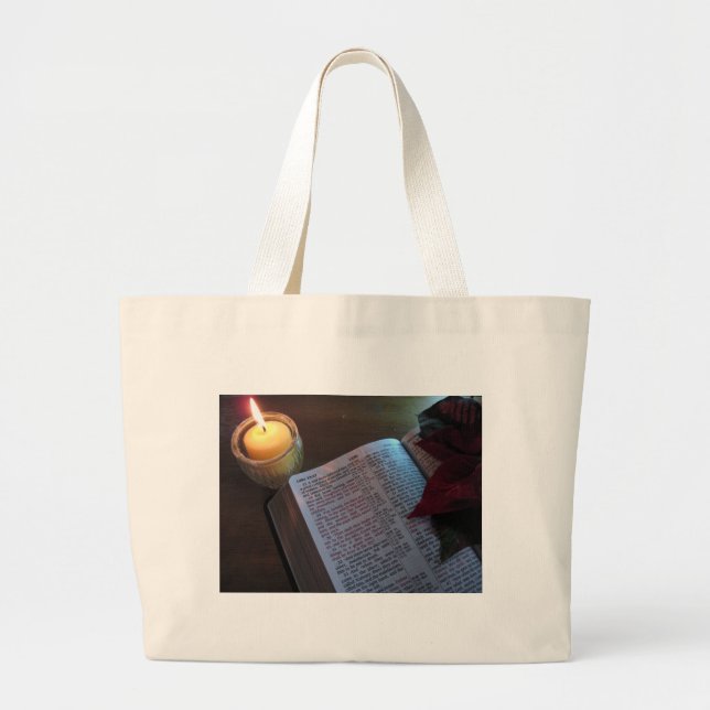 Kerze, Bibel und Poinsetta Jumbo Stoffbeutel (Vorne)