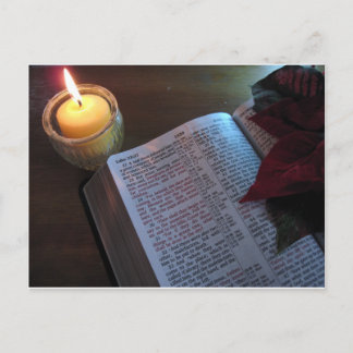 Kerze, Bibel und Poinsetta Postkarte