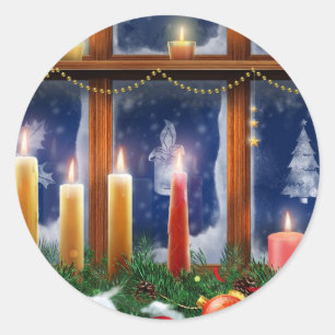 Kerze in den Fenster-Weihnachtsaufklebern Runder Aufkleber