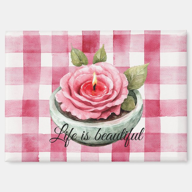 Kerze mit rosa Rosen im Karomuster Magnet (Vorderseite)