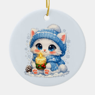 Kerzen-Schnee-Kitty – Süße Winterkatze Keramik Ornament