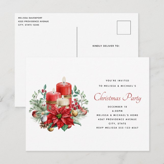 Kerzen und Blumenbouquet Weihnachtsgebäck Party Postkarte (Vorne/Hinten)