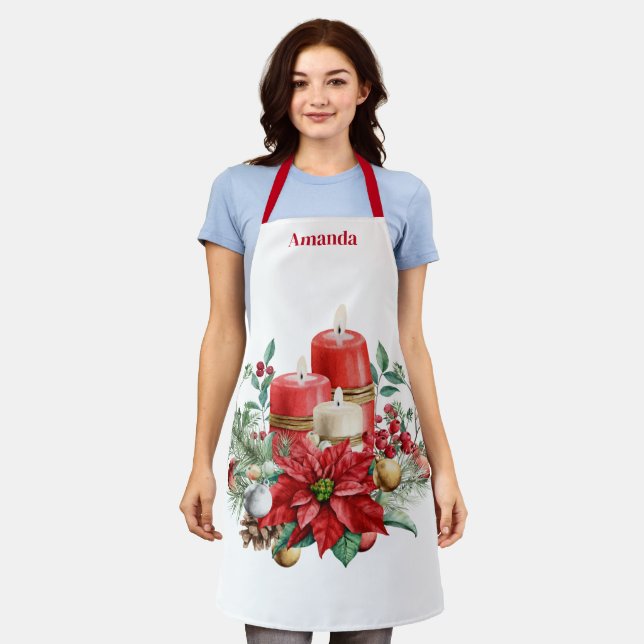 Kerzen und Poinsettia Bouquet Weihnachten Schürze (Getragen)