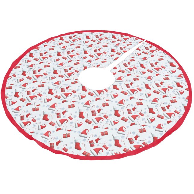 Kerzenleuchten, Geschenke und Weihnachtsmannmützen Polyester Weihnachtsbaumdecke (Schrägansicht)