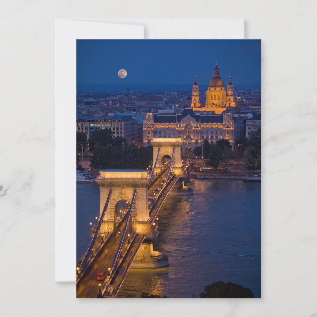 Kettenbrücke und Vollmond bei Nacht Dankeskarte (Vorderseite)
