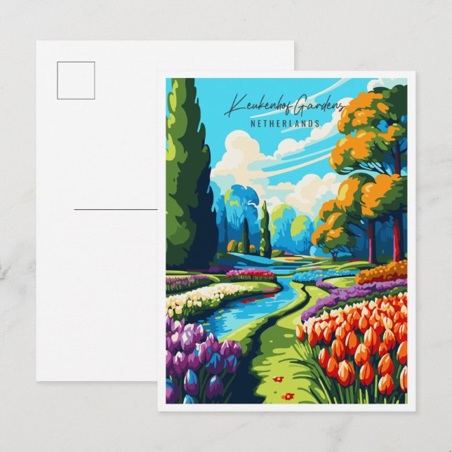 Keukenhof Gardens Vintage Reise Illustration Postkarte (Vorne/Hinten)
