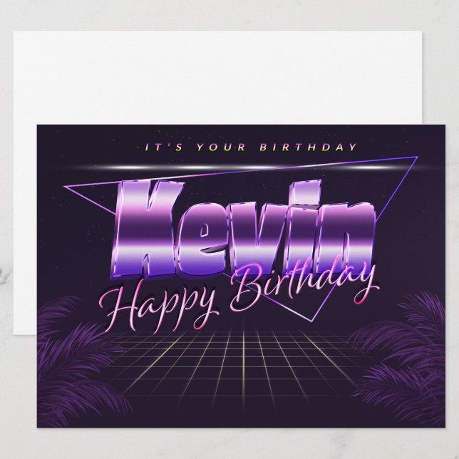Kevin prénom carte rétro lilas anniversaire (Devant / Derrière)