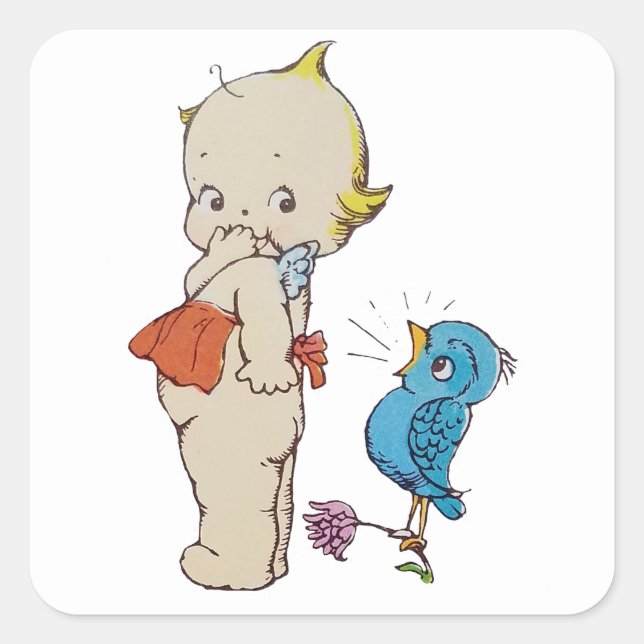 Kewpie mit Bluebird-Sticker Quadratischer Aufkleber (Vorderseite)
